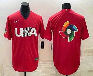Men%27s USA Baseball 2023 Red World Big Logo With Patch Classic Stitched Jersey